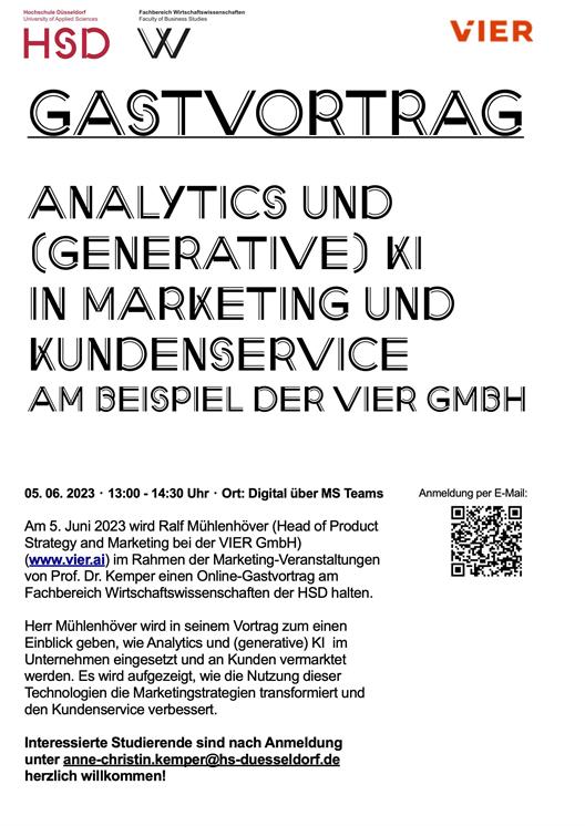 Gastvortrag „Analytics und (generative) KI in Marketing und Kundenservice, am Beispiel der VIER GmbH“